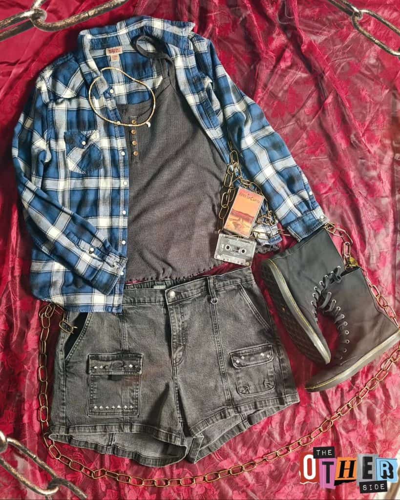 Flannel, henley, denim shorts, Docs and a cassette flat lay