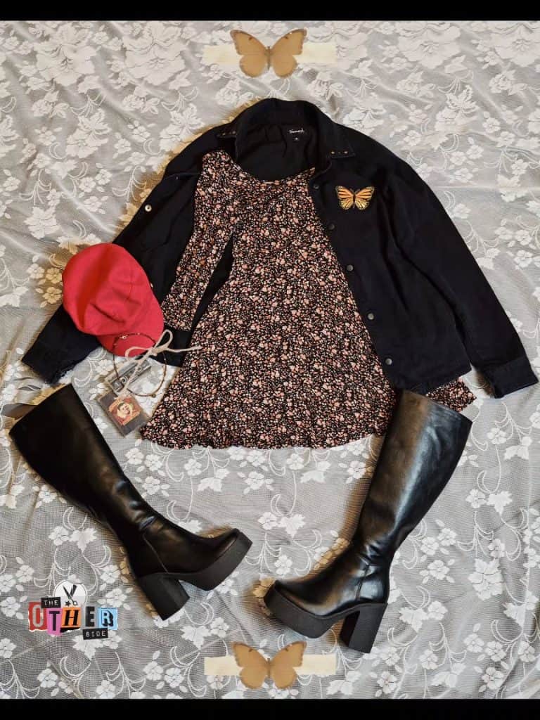 Black jacket, floral dress, red beret and platform boots on lace